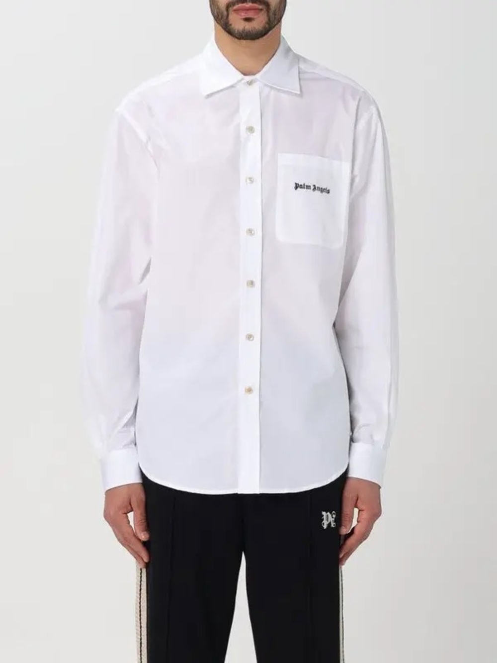 Palm Angels White Long-Sleeve Button-Down Shirt with Chest Script